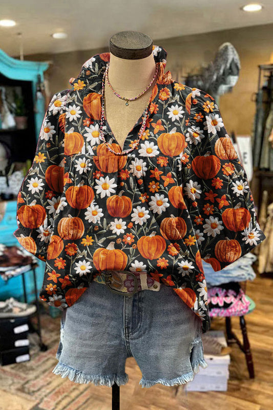 Halloween Pumkins Daisy Print Puff Sleeve Top