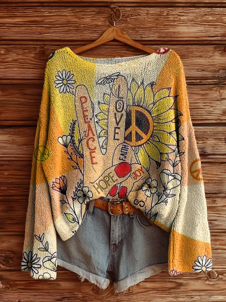 Women's Hippie Peace Love Art Print Casual Pullover Sweater