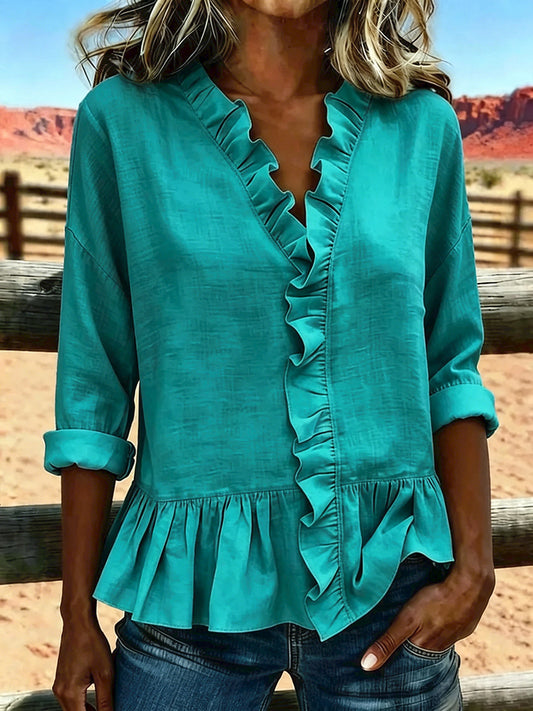 Women's Vintage Art Print Ruffle Collar Casual Shirt
