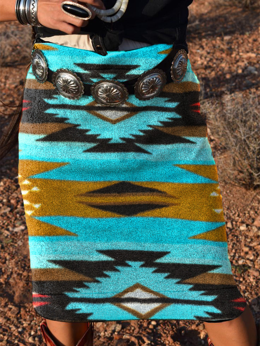 Women's Vintage Ethnic Aztec Print Knitted Skirt