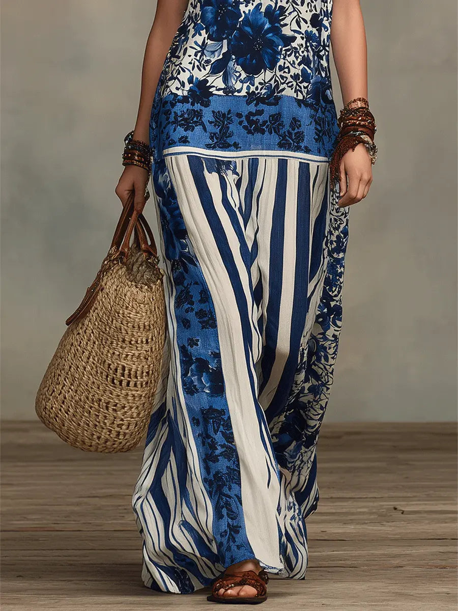 Women's Retro Ethnic Floral Pattern Art Print Casual Fashion Cotton Maxi Dress