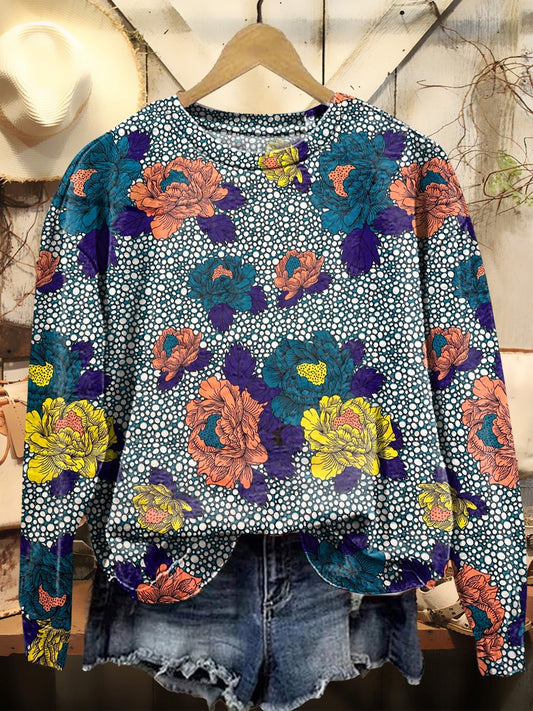 Women's Folk Flower Art Print Casual Crew Neck Sweatshirt