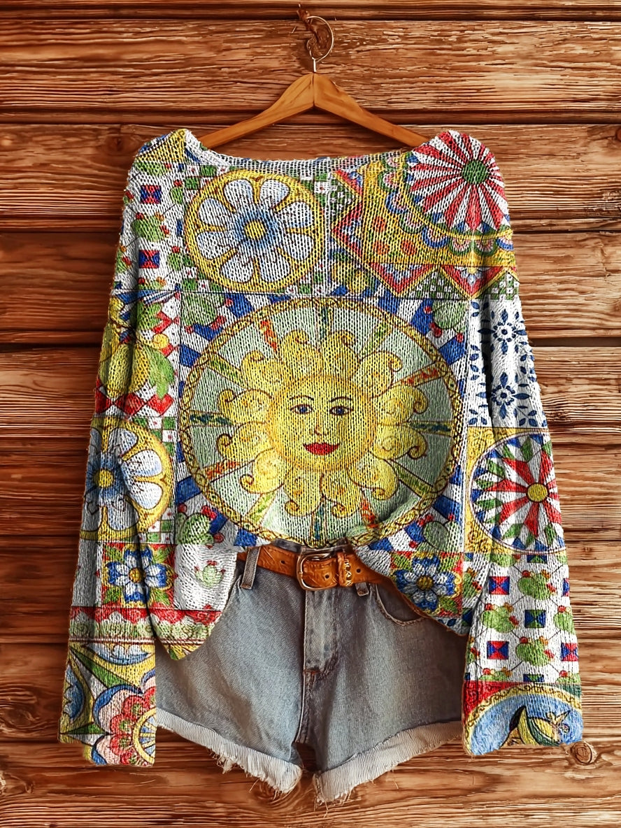 Women's Ethnic Sun Collage Art Pattern Print Casual Pullover Sweater