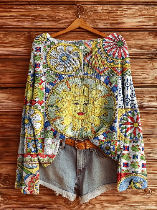 Women's Ethnic Sun Collage Art Pattern Print Casual Pullover Sweater