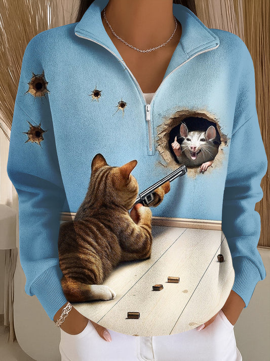 Women's Cat Art Print Casual Sweatshirt