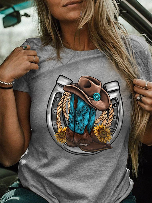 Women's Turquoise Western Boots Print Short Sleeve T-Shirt