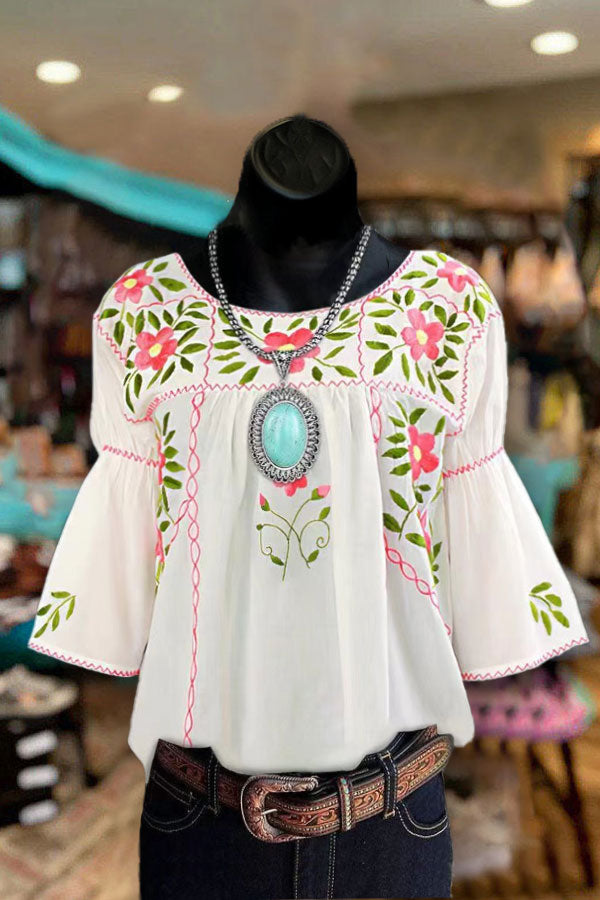 Casual Round Neck Floral Printed Bell Sleeve Blouses