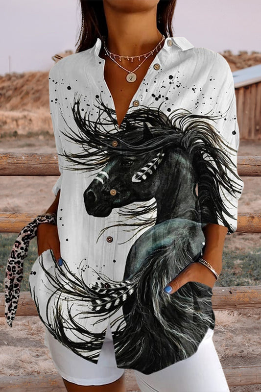 Women's Vintage Western Horse Art Print Shirt