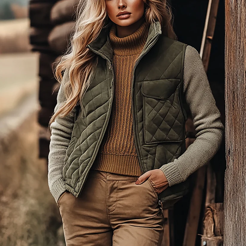 Retro Western Ethnic Cowboy Style Padded Vest Women's Zipper Stand Collar Sleeveless Jacket