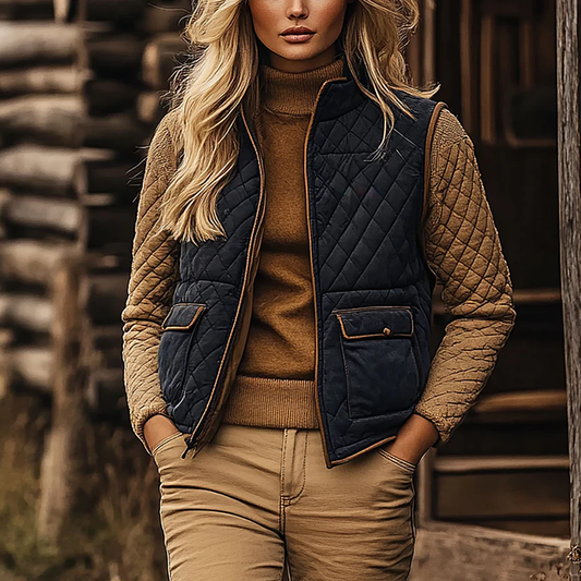 Retro Western Ethnic Cowboy Style Padded Vest Women's Zipper Stand Collar Sleeveless Jacket