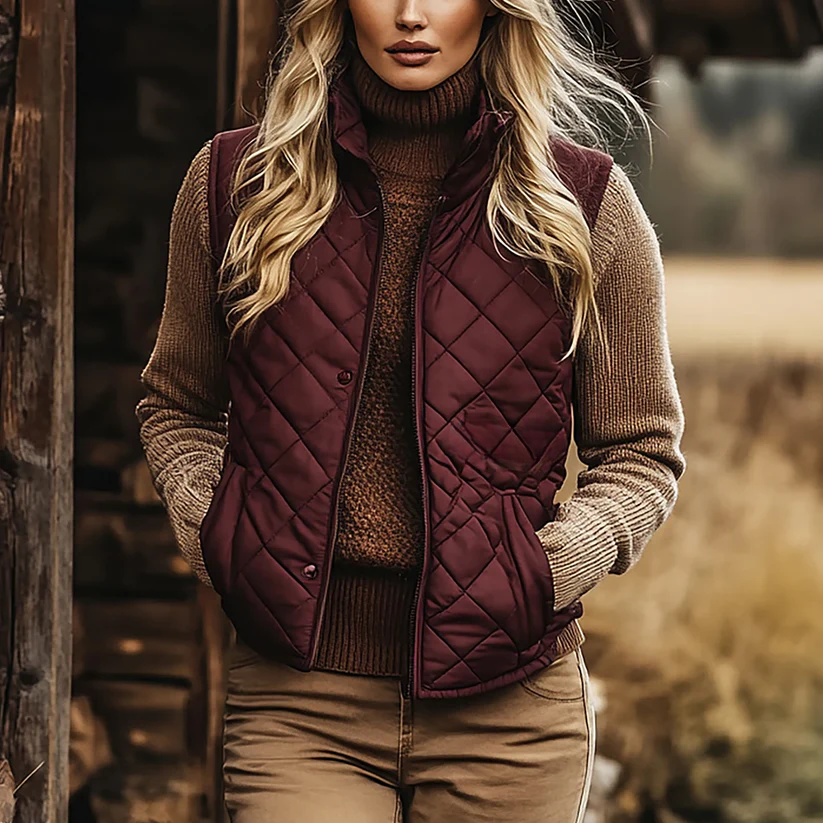 Retro Western Ethnic Cowboy Style Padded Vest Women's Zipper Stand Collar Sleeveless Jacket