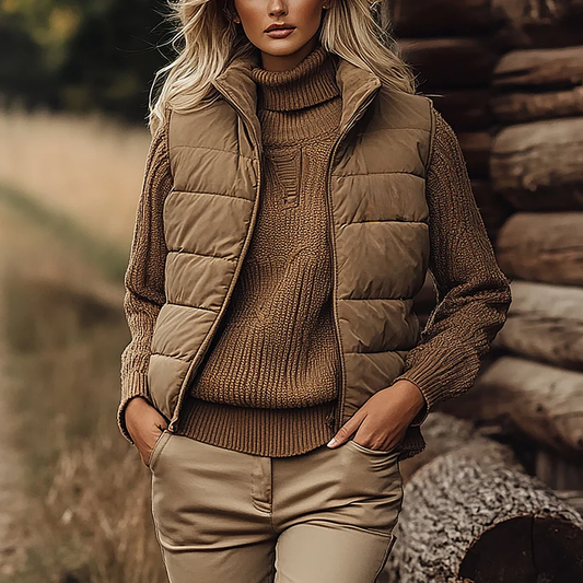 Retro Western Ethnic Cowboy Style Padded Vest Women's Zipper Stand Collar Sleeveless Jacket