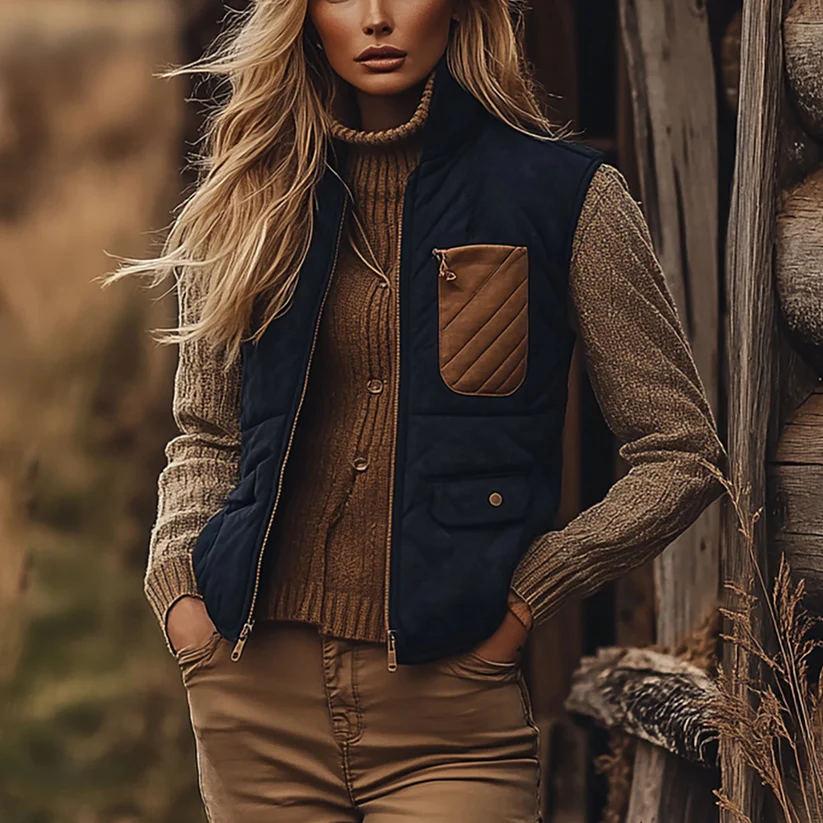 Retro Western Ethnic Cowboy Style Padded Vest Women's Zipper Stand Collar Sleeveless Jacket