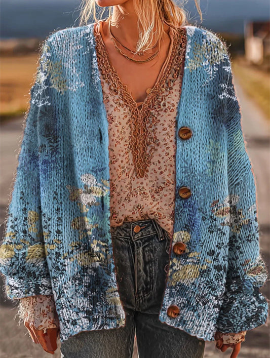 Women's Vintage Floral Pattern Art Print Casual Knit Cardigan