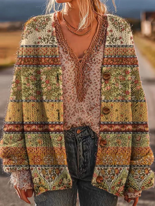 Women's Vintage Floral Pattern Art Print Casual Knit Cardigan