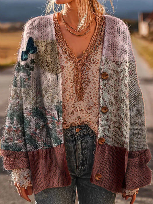 Women's Vintage Floral Pattern Art Print Casual Knit Cardigan