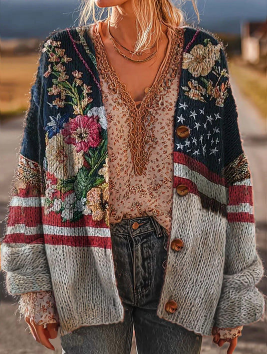 Women's Vintage Floral Pattern Art Print Casual Knit Cardigan