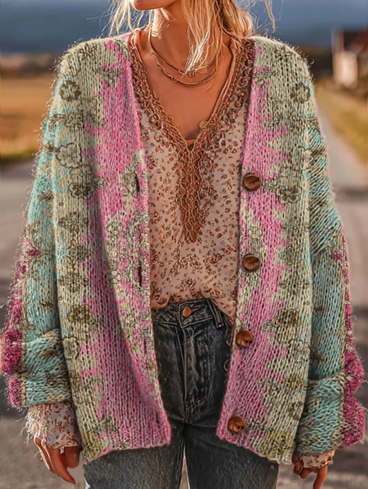 Women's Vintage Ethnic Pattern Art Print Casual Knit Cardigan