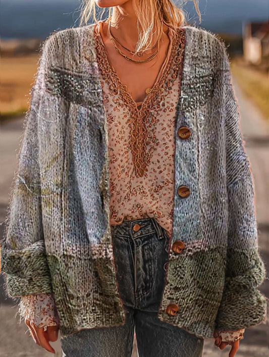 Women's Vintage Ethnic Pattern Art Print Casual Knit Cardigan