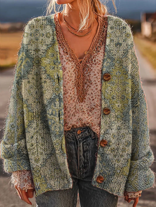Women's Vintage Ethnic Pattern Art Print Casual Knit Cardigan