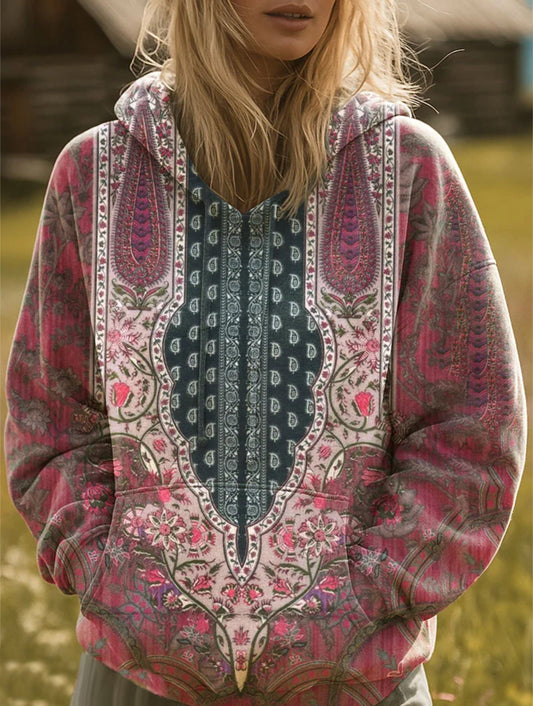 Retro Ethnic Floral Pattern Art Print Casual Hoodie