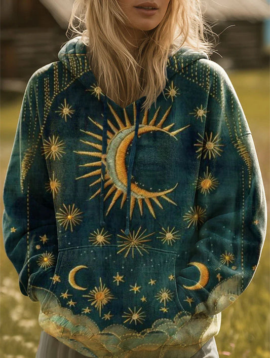Retro Moon Pattern Art Print Casual Hoodie