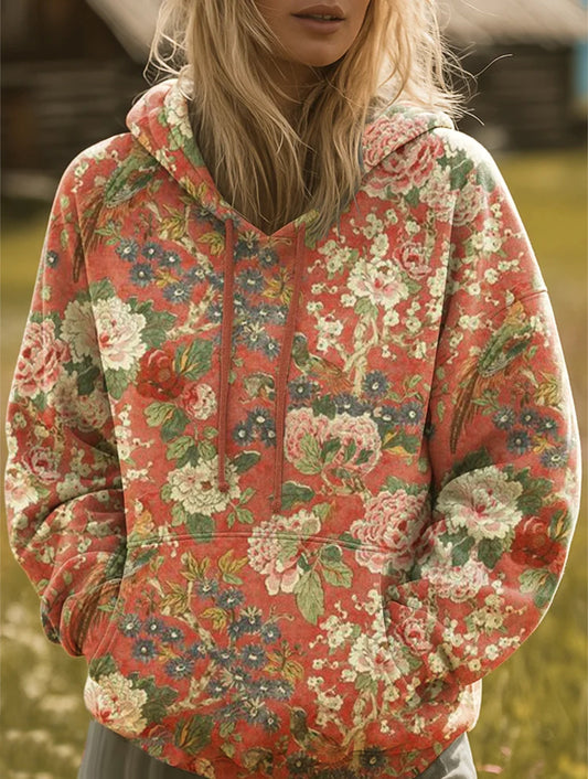 Women's Vintage Flowers Art Print Casual Hoodie Sweatshirt