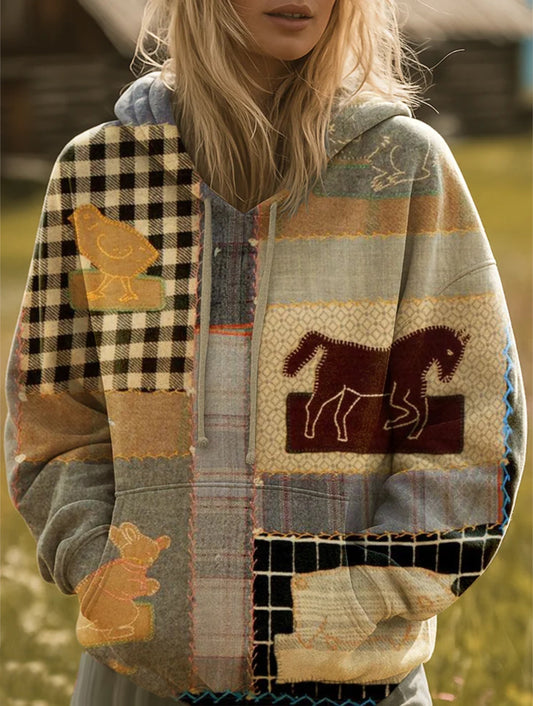 Vintage Bird Horse Patchwork Art Print Casual Hoodie Sweatshirt
