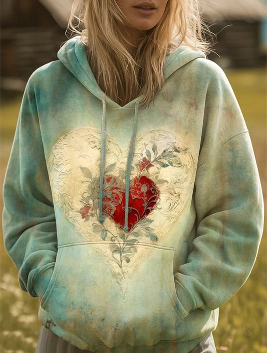 Retro Heart Pattern Art Print Casual Hoodie