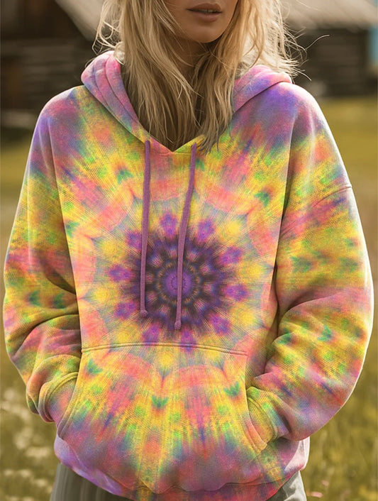 Women's Vintage Gradation Kaleidoscope Art Print Hooded Casual Sweatshirt