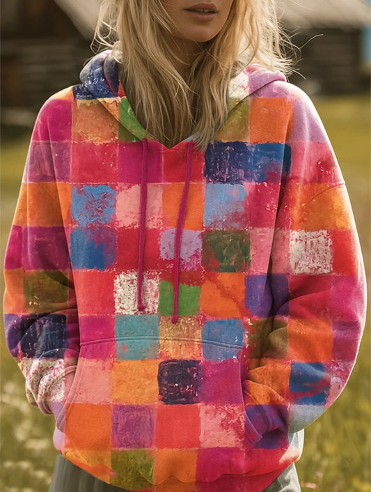 Women's Vintage Ethnicity Geometry Color Blocks Art Print Hooded Casual Sweatshirt