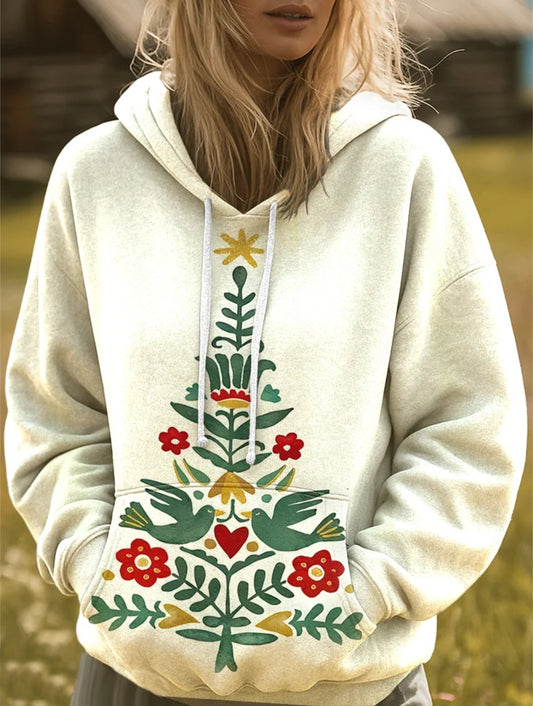 Women's Vintage Christmas Christmas Tree Birds Art Print Hooded Casual Sweatshirt