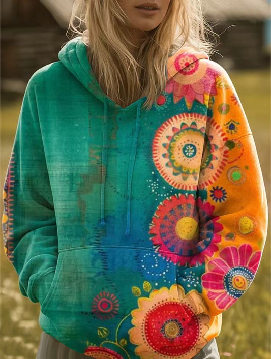 Women's Green and Orange Color-Block Floral Art Print Casual Hooded Pullover Sweatshirt with Drawstring and Pockets