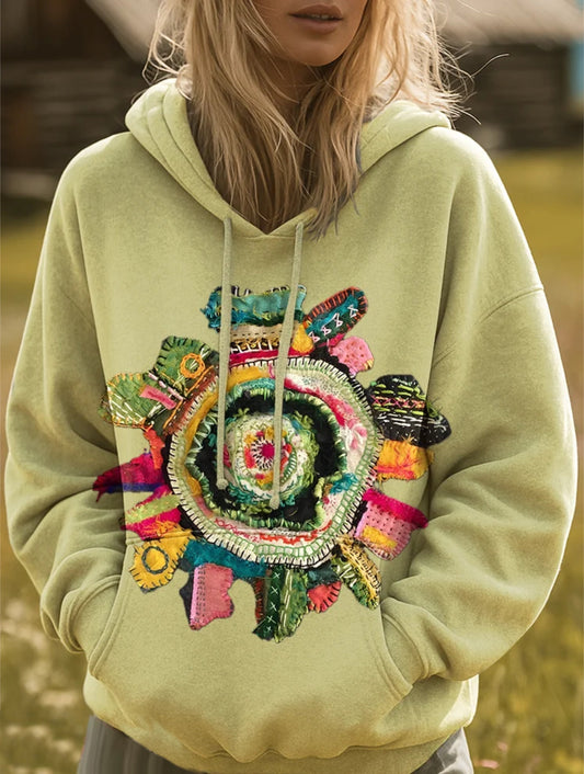 Women's Patchwork Sun Art Print Casual Hooded Pocket Drawstring Sweatshirt