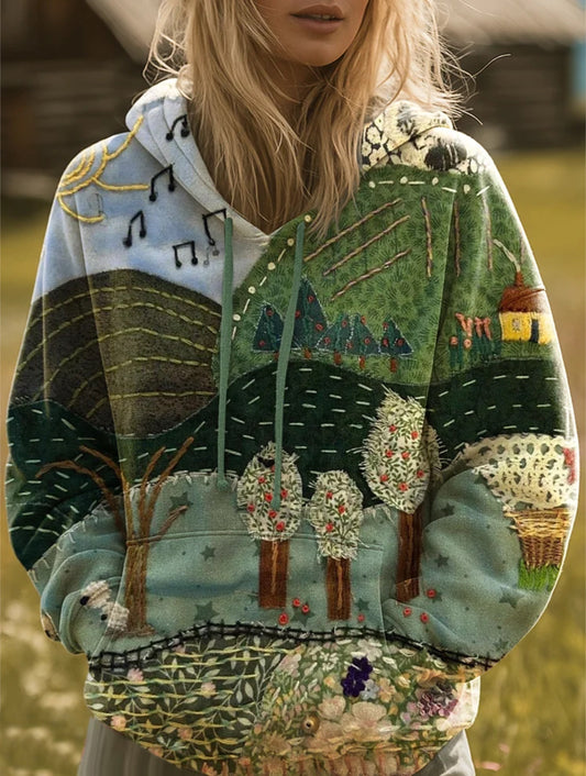 Women's Rustic Patchwork Farm Art Print Casual Hooded Pocket Drawstring Sweatshirt