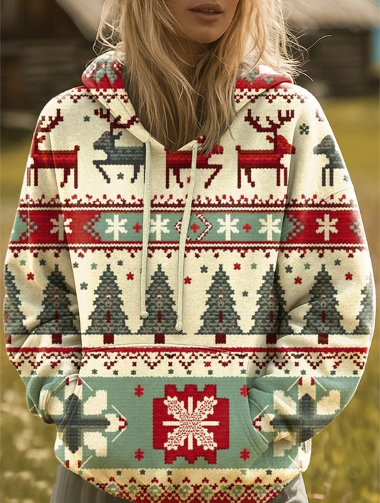 Women's Christmas Tree Snowflake Reindeer Patchwork Art Print Casual Hooded Pocket Drawstring Sweatshirt