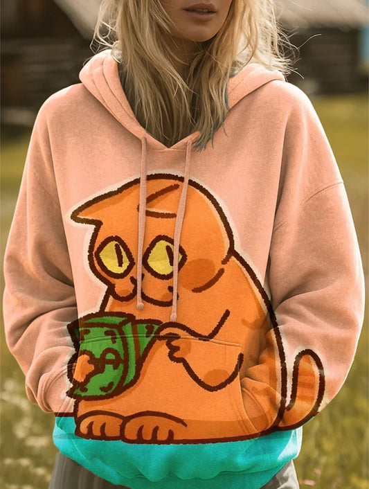 Women's Cat Counting Money Art Print Casual Hooded Pocket Drawstring Sweatshirt