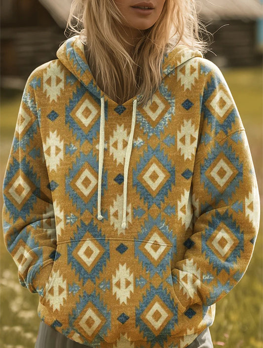 Women's Vintage Diamond Patchwork Art Print Casual Hooded Pocket Drawstring Sweatshirt