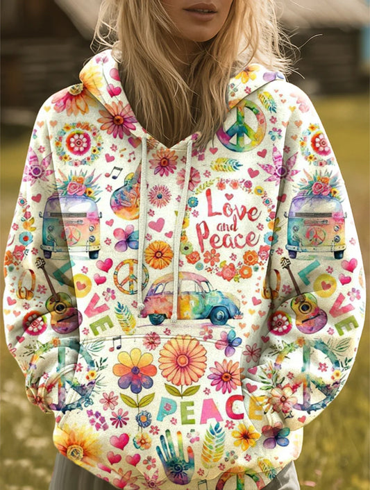 Hippie Peace Love Art Print Casual Hoodie Sweatshirt