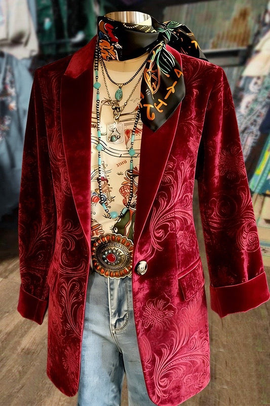 Elegant Jacquard Flower Long Sleeve Velvet Blazer
