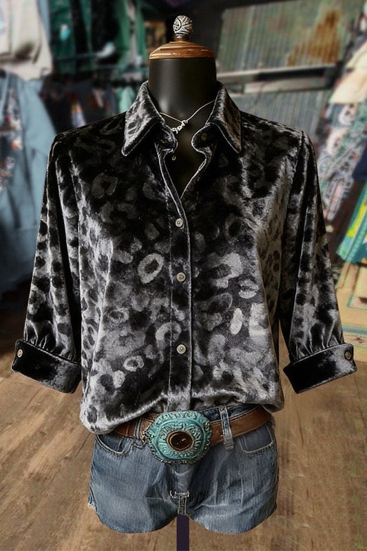 Vintage Textured Leopard Velvet Blouse