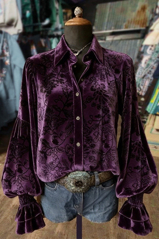 Elegant Textured Flower Layered Bell Sleeve Velvet Shirt