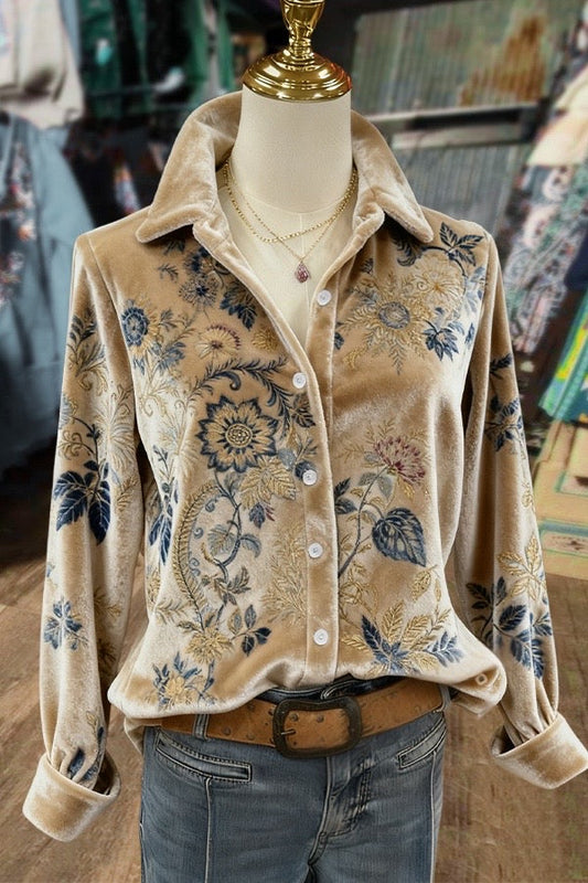 Retro Paisley Print Bell Sleeve Velvet Shirt