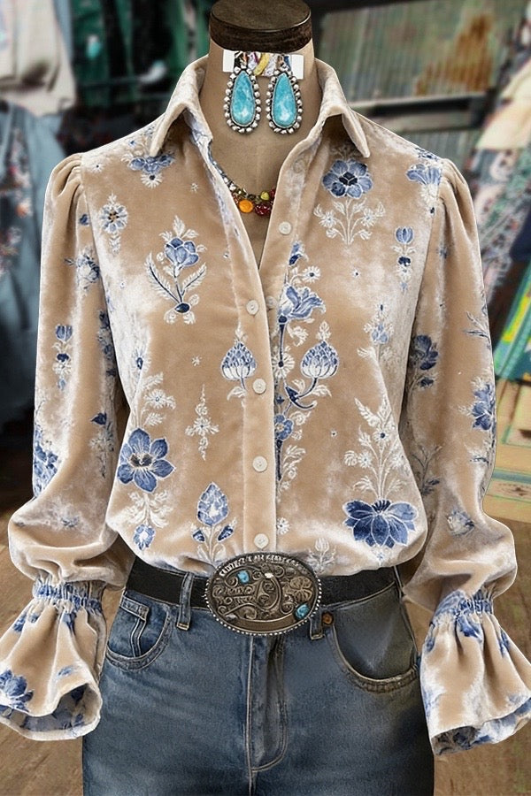 Retro Floral Print Collared Bell Sleeves Velvet Top