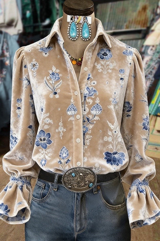 Retro Floral Print Collared Bell Sleeves Velvet Top