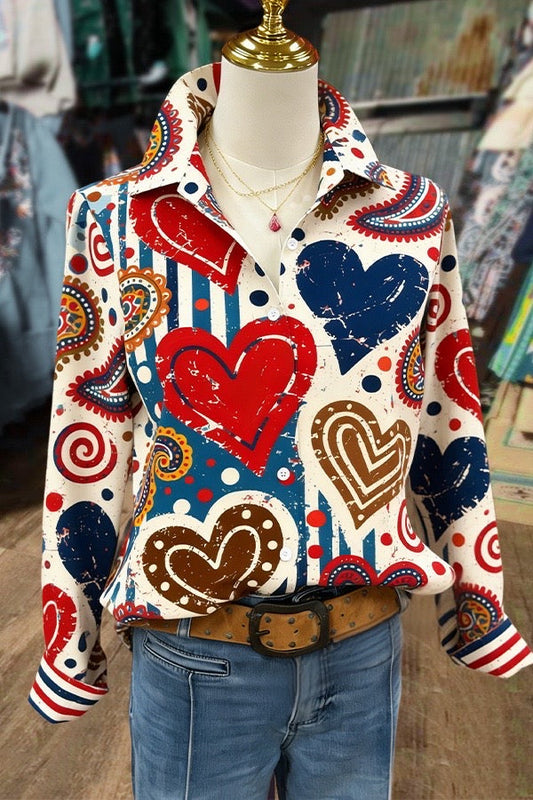 Art Heart Print Long Sleeve Blouse