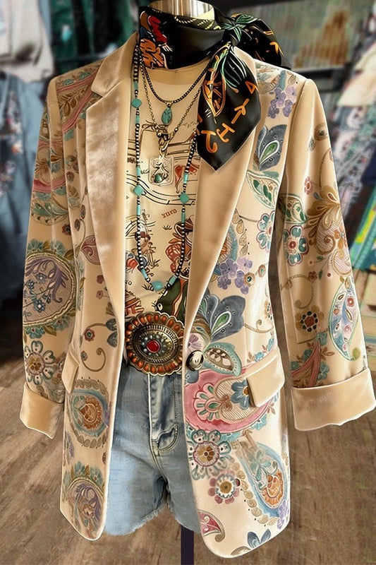 Retro Paisley Print Velvet Blazer