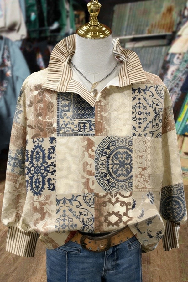 Mixed Ethnic Print Striped Collar Blouse