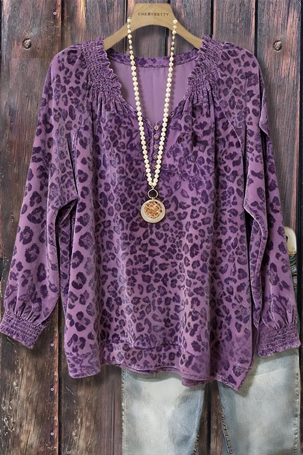 Leopard Long Sleeve Velvet V-Neck Top