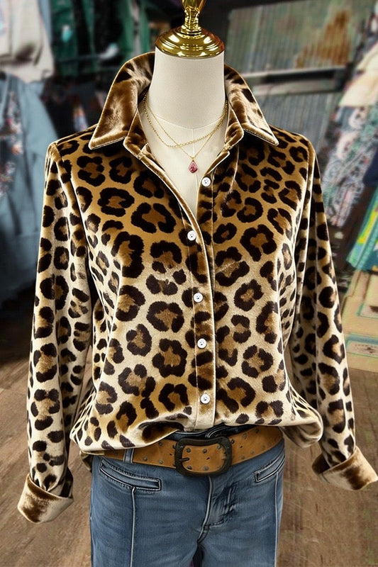 Vintage Leopard Print Long Sleeve Velvet Shirt